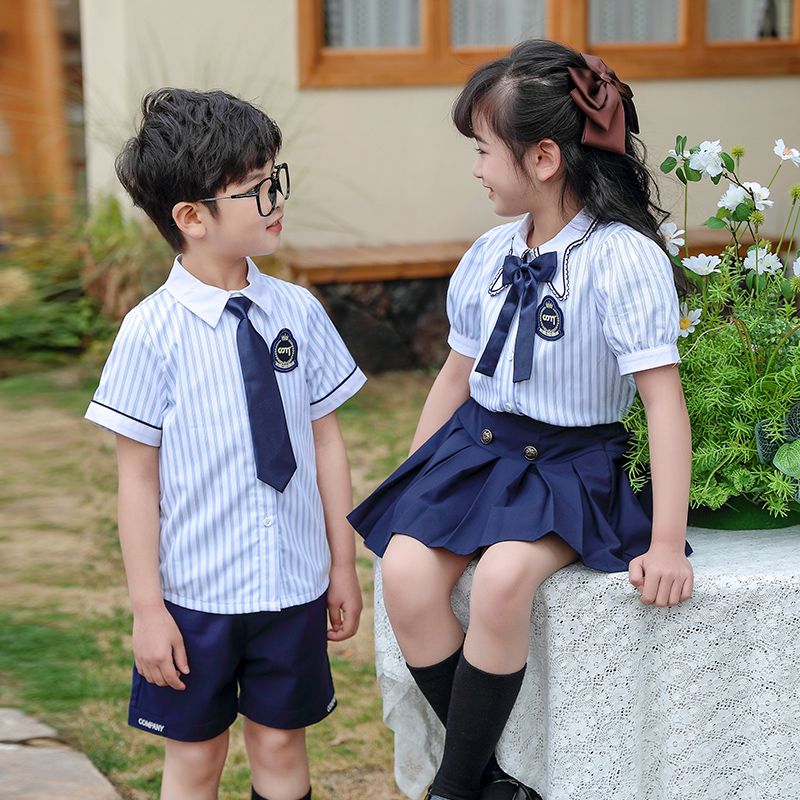 Summer pure cotton stripes matching and custom badge school uniform children's clothing class uniforms refreshing