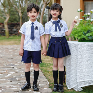 Summer pure cotton stripes matching and custom badge school uniform children's clothing class uniforms refreshing