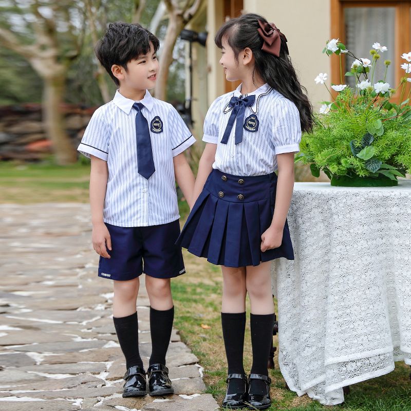 Summer pure cotton stripes matching and custom badge school uniform children's clothing class uniforms refreshing