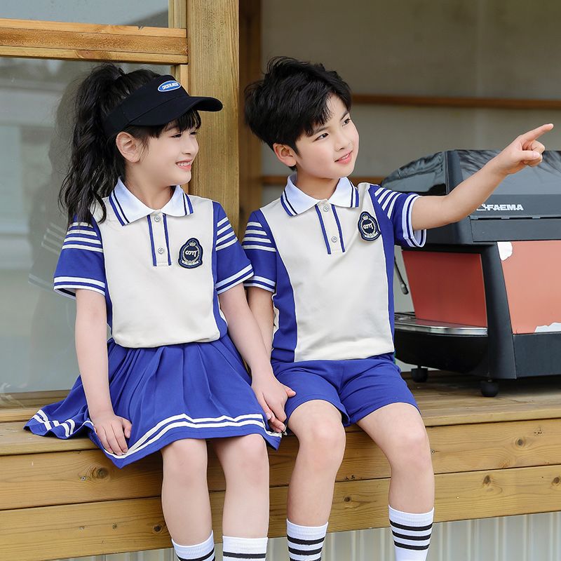 Summer pure cotton stripes matched with custom badge school uniform children's clothing class children