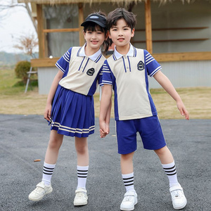 Summer pure cotton stripes matched with custom badge school uniform children's clothing class children