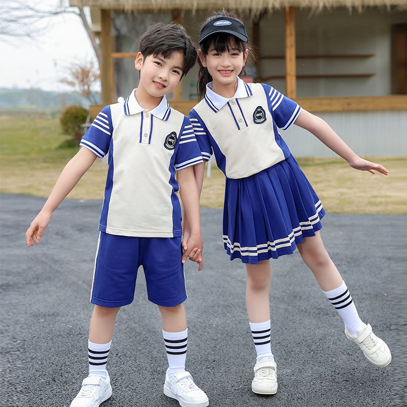 Summer pure cotton stripes matched with custom badge school uniform children's clothing class children