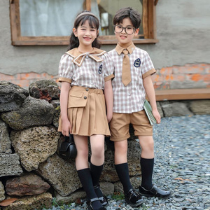 Summer cotton stripes matched with custom badge school uniform first grade service