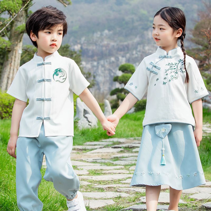 Children Ancient Chiffon Hanfu Long Chinese Style National Cheongsam Tang Suit Summer set