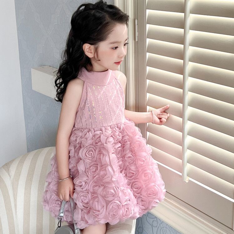 Adorable Girls' Pink Floral Tulle Princess Kids Dress Sleeveless Elegant Rosette Party Gown