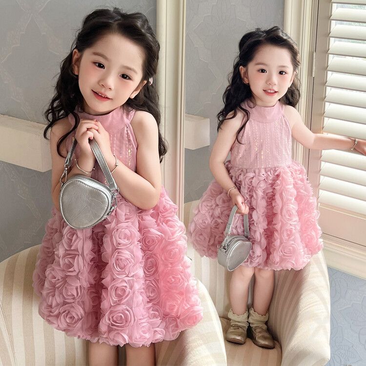 Adorable Girls' Pink Floral Tulle Princess Kids Dress Sleeveless Elegant Rosette Party Gown