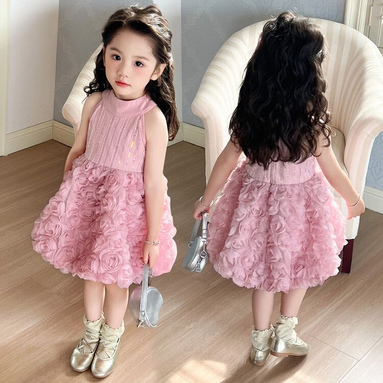 Adorable Girls' Pink Floral Tulle Princess Kids Dress Sleeveless Elegant Rosette Party Gown