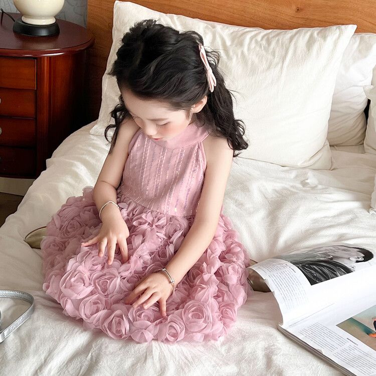 Adorable Girls' Pink Floral Tulle Princess Kids Dress Sleeveless Elegant Rosette Party Gown