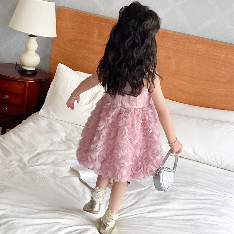 Adorable Girls' Pink Floral Tulle Princess Kids Dress Sleeveless Elegant Rosette Party Gown