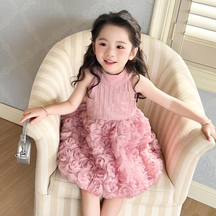 Adorable Girls' Pink Floral Tulle Princess Kids Dress Sleeveless Elegant Rosette Party Gown