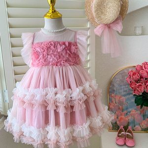 Elegant Pink Layered Tulle Kids Dress with Floral Accents and Ruffled Sleeves for Perfect for Special Occasions