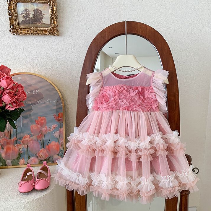 Elegant Pink Layered Tulle Kids Dress with Floral Accents and Ruffled Sleeves for Perfect for Special Occasions