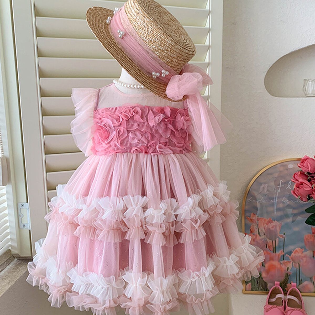 Elegant Pink Layered Tulle Kids Dress with Floral Accents and Ruffled Sleeves for Perfect for Special Occasions