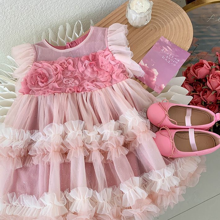 Elegant Pink Layered Tulle Kids Dress with Floral Accents and Ruffled Sleeves for Perfect for Special Occasions