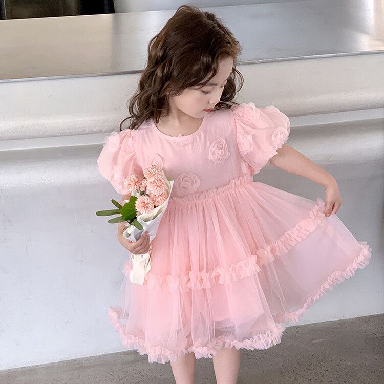 Girls Floral Detailed Tulle Kids Dress Perfect for Parties, Events and Photo Outings