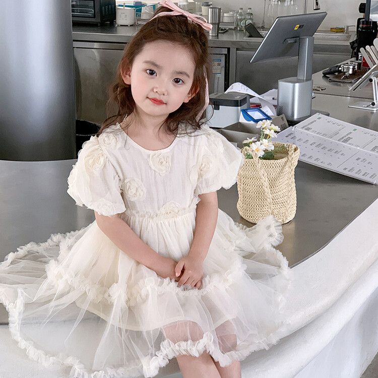 Girls Floral Detailed Tulle Kids Dress Perfect for Parties, Events and Photo Outings