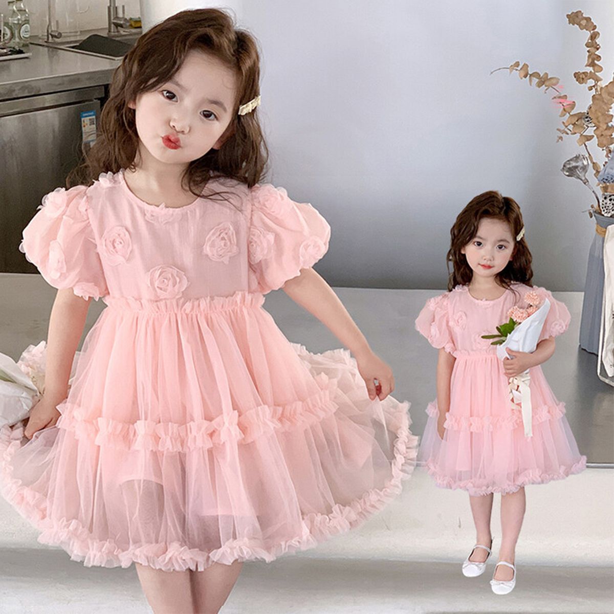 Girls Floral Detailed Tulle Kids Dress Perfect for Parties, Events and Photo Outings