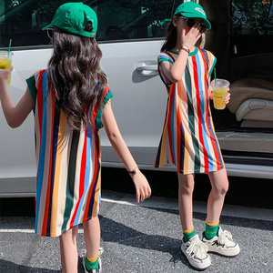 Colorful Rainbow Striped Sleeveless T-Shirt Dress for Girls - Comfortable and Skin-Friendly Perfect for Summer Casual Wear