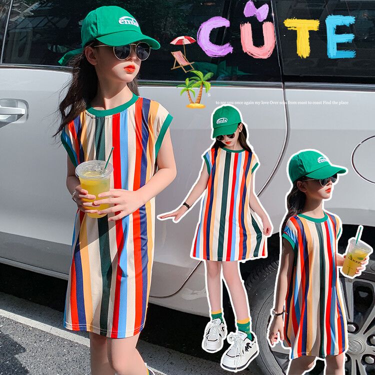 Colorful Rainbow Striped Sleeveless T-Shirt Dress for Girls - Comfortable and Skin-Friendly Perfect for Summer Casual Wear