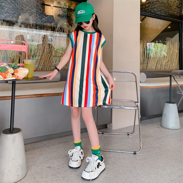 Colorful Rainbow Striped Sleeveless T-Shirt Dress for Girls - Comfortable and Skin-Friendly Perfect for Summer Casual Wear