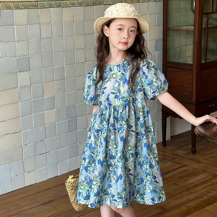 Beautiful Floral Print Puff Sleeve Crew Neck Blue A-Line Dress for Kids Perfect for Spring & Summer Outings and Everyday Wear