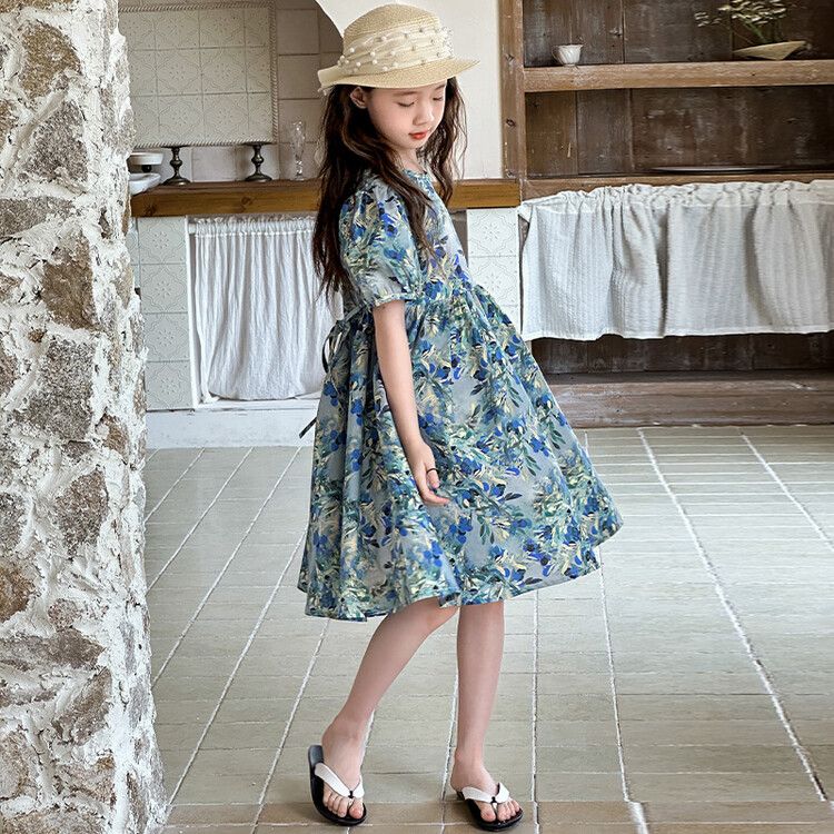 Beautiful Floral Print Puff Sleeve Crew Neck Blue A-Line Dress for Kids Perfect for Spring & Summer Outings and Everyday Wear