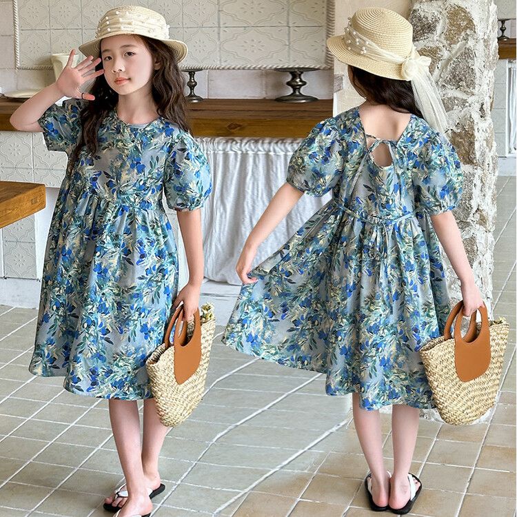 Beautiful Floral Print Puff Sleeve Crew Neck Blue A-Line Dress for Kids Perfect for Spring & Summer Outings and Everyday Wear