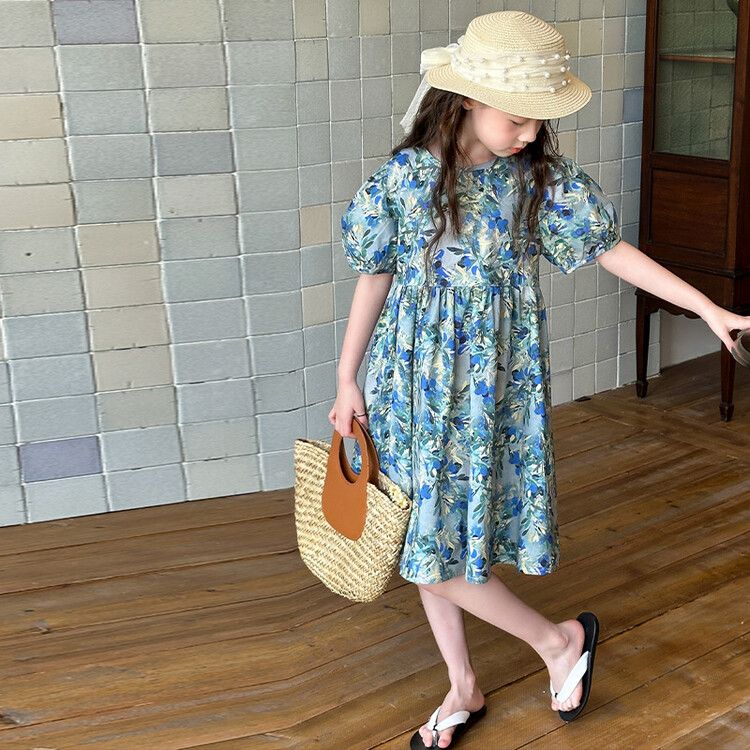 Beautiful Floral Print Puff Sleeve Crew Neck Blue A-Line Dress for Kids Perfect for Spring & Summer Outings and Everyday Wear