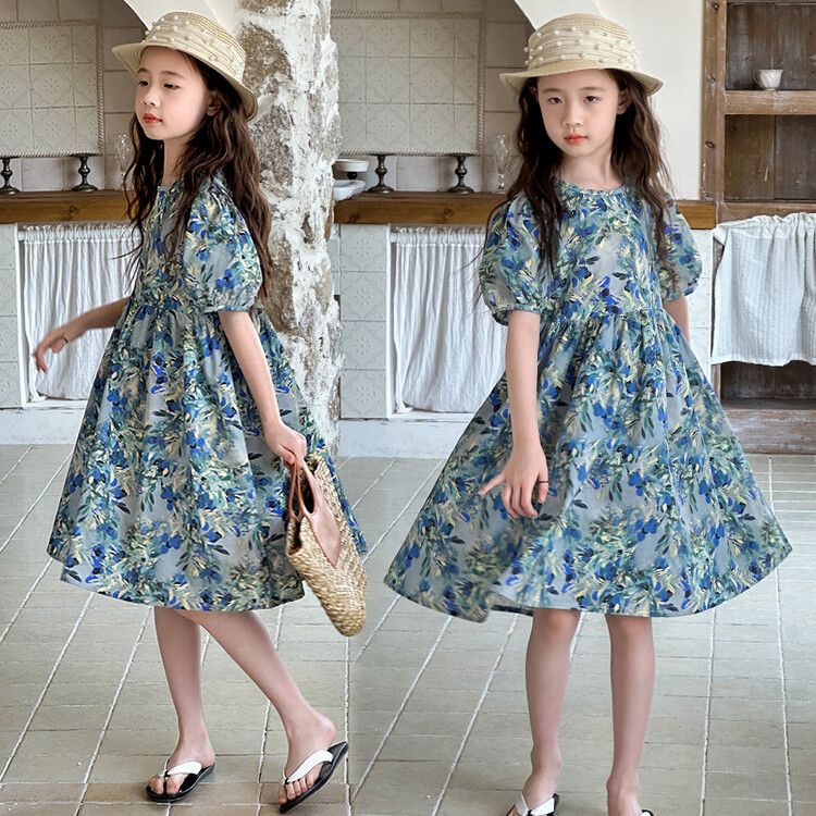 Beautiful Floral Print Puff Sleeve Crew Neck Blue A-Line Dress for Kids Perfect for Spring & Summer Outings and Everyday Wear