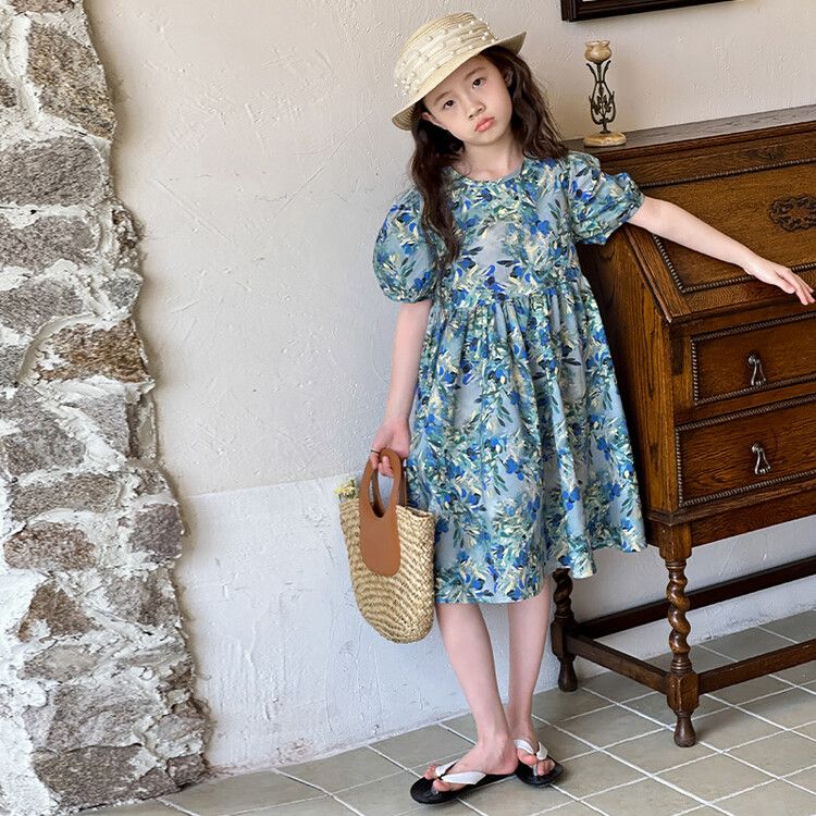 Beautiful Floral Print Puff Sleeve Crew Neck Blue A-Line Dress for Kids Perfect for Spring & Summer Outings and Everyday Wear