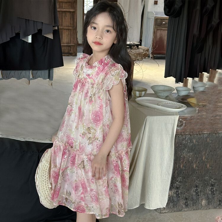 Cute girls dress floral ruffle sleeve kids dress suitable for spring and summer outings for taking photos and traveling