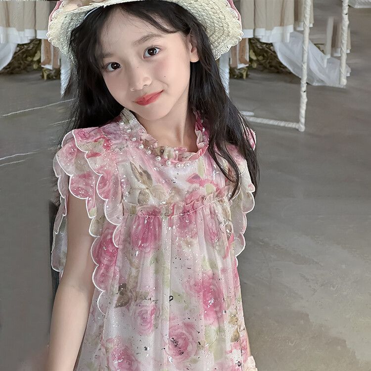 Cute girls dress floral ruffle sleeve kids dress suitable for spring and summer outings for taking photos and traveling