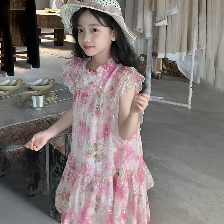 Cute girls dress floral ruffle sleeve kids dress suitable for spring and summer outings for taking photos and traveling