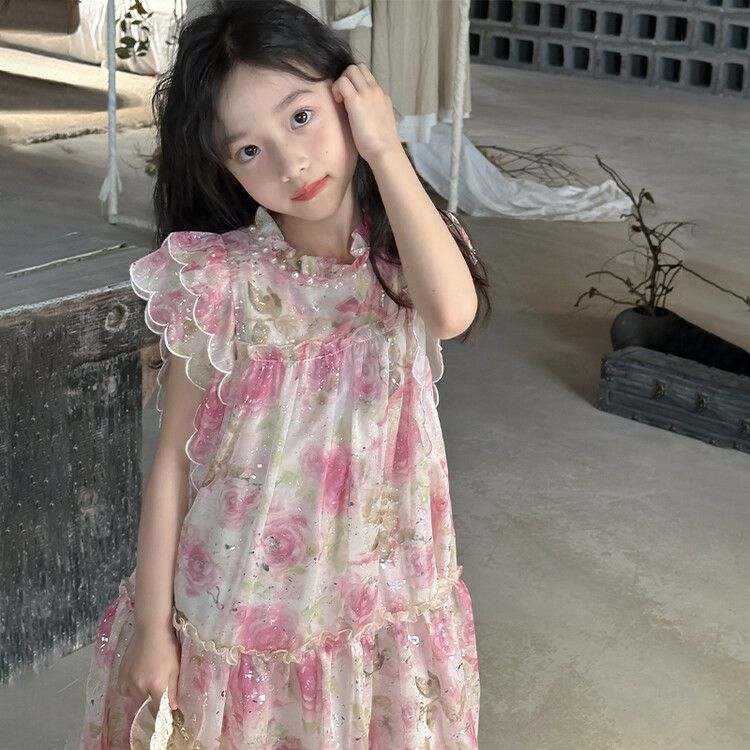 Cute girls dress floral ruffle sleeve kids dress suitable for spring and summer outings for taking photos and traveling