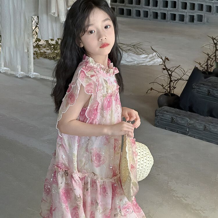 Cute girls dress floral ruffle sleeve kids dress suitable for spring and summer outings for taking photos and traveling