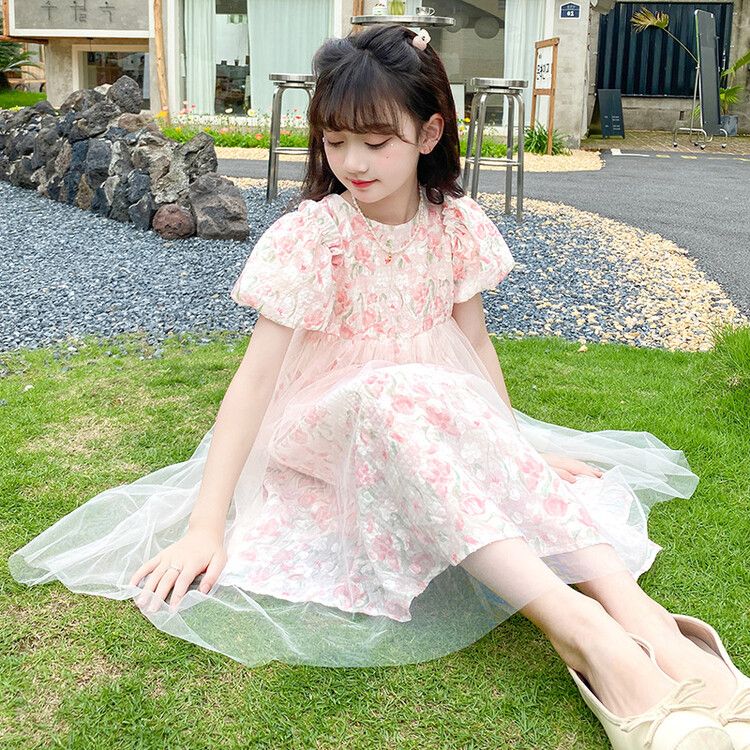 Girls' Floral Lace Tulle Kids Princess Dress with Puff Sleeves and Bowknot Elegant Pink Summer Party Dress