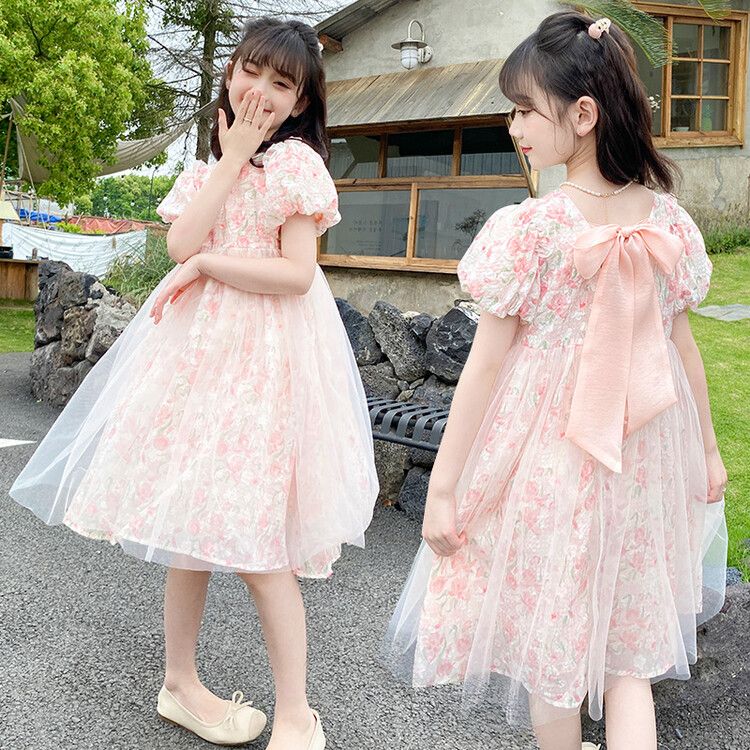 Girls' Floral Lace Tulle Kids Princess Dress with Puff Sleeves and Bowknot Elegant Pink Summer Party Dress