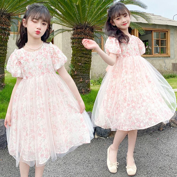 Girls' Floral Lace Tulle Kids Princess Dress with Puff Sleeves and Bowknot Elegant Pink Summer Party Dress