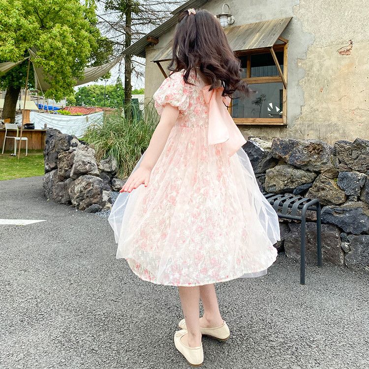 Girls' Floral Lace Tulle Kids Princess Dress with Puff Sleeves and Bowknot Elegant Pink Summer Party Dress