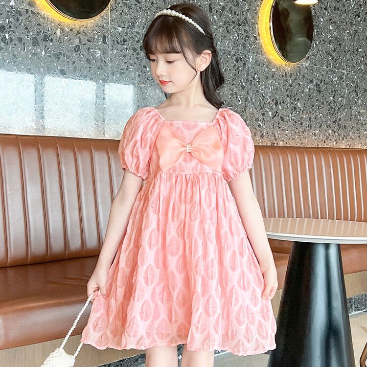 Girls' Pink Bowknot Princess Dress with Puff Sleeves and Elegant Pattern - Perfect for Parties and Special Occasions