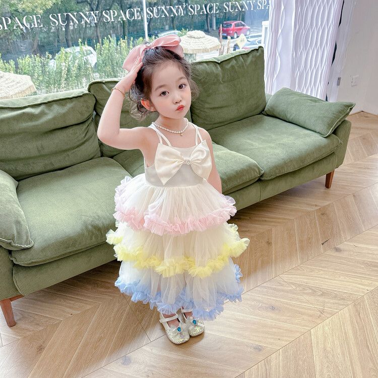 Girls Rainbow Tulle KIds Princess Dress with Bow and Spaghetti Straps Cute Tiered Party Dress