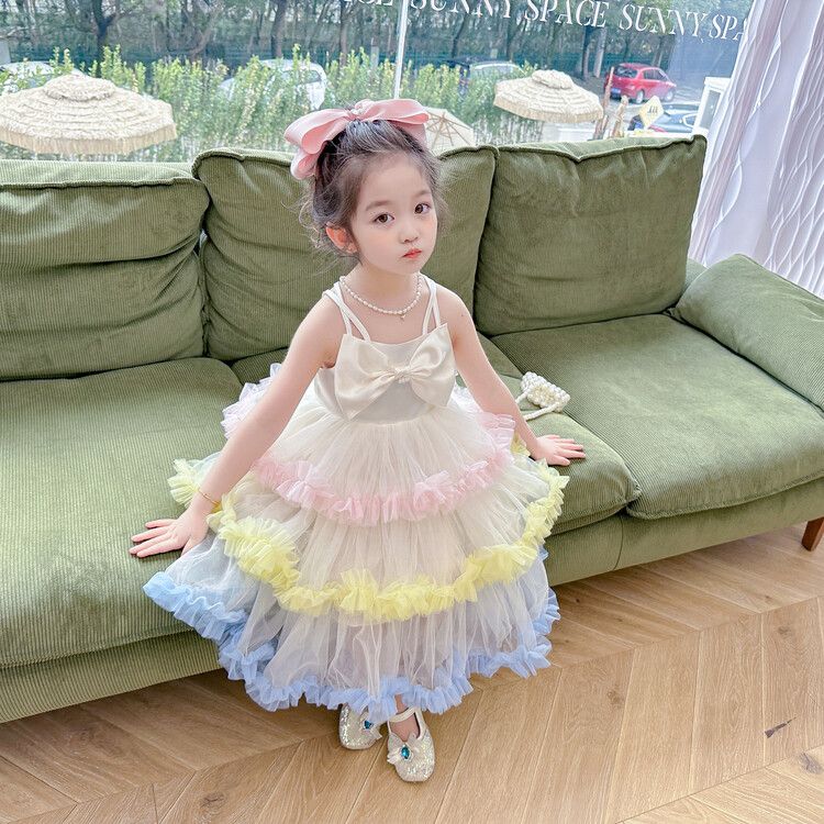 Girls Rainbow Tulle KIds Princess Dress with Bow and Spaghetti Straps Cute Tiered Party Dress