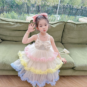 Girls Rainbow Tulle KIds Princess Dress with Bow and Spaghetti Straps Cute Tiered Party Dress