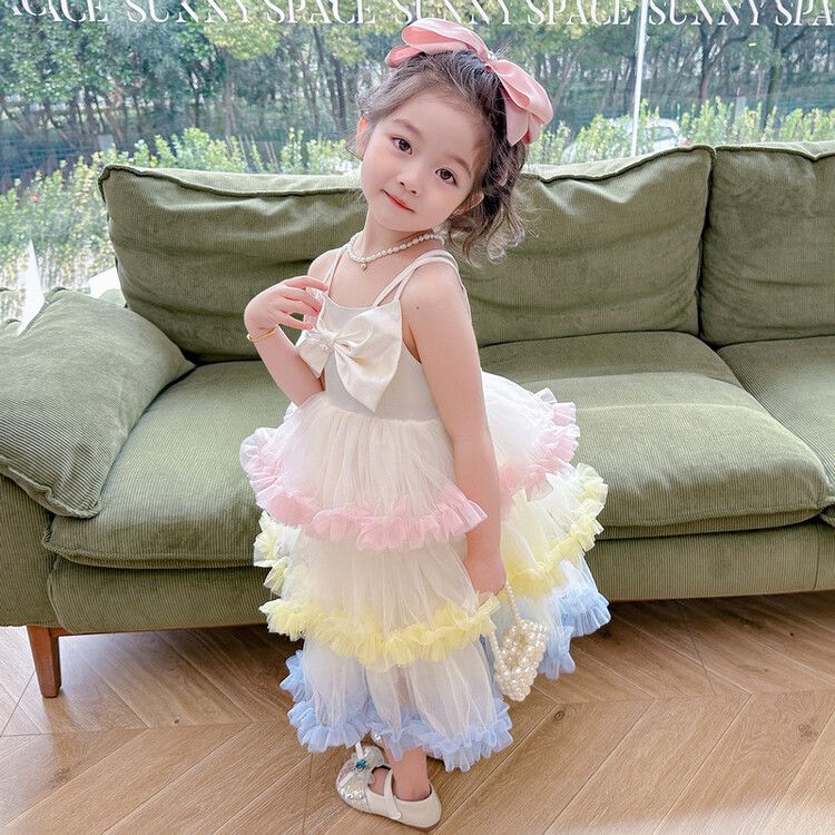 Girls Rainbow Tulle KIds Princess Dress with Bow and Spaghetti Straps Cute Tiered Party Dress