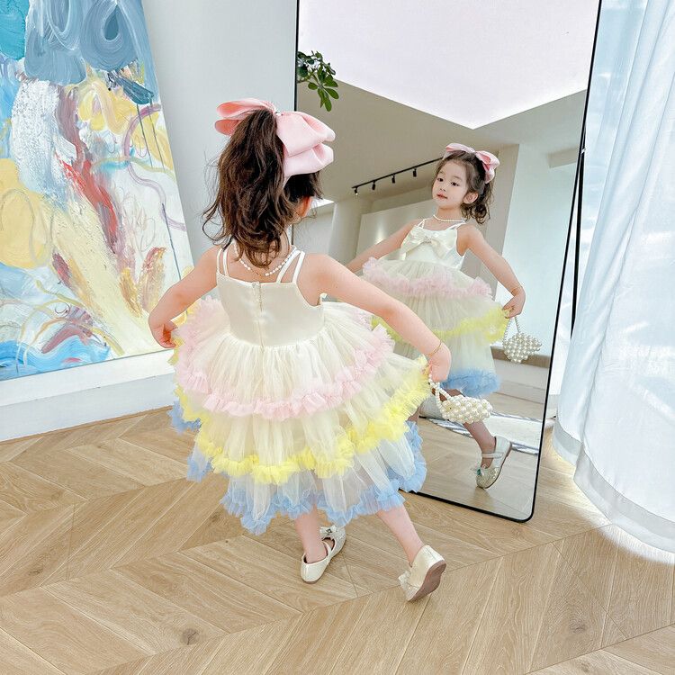 Girls Rainbow Tulle KIds Princess Dress with Bow and Spaghetti Straps Cute Tiered Party Dress