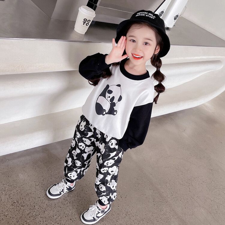 Girls' Panda Print Long Sleeve Top and Pants Set Cute and Cozy Black and White Outfit for Kids