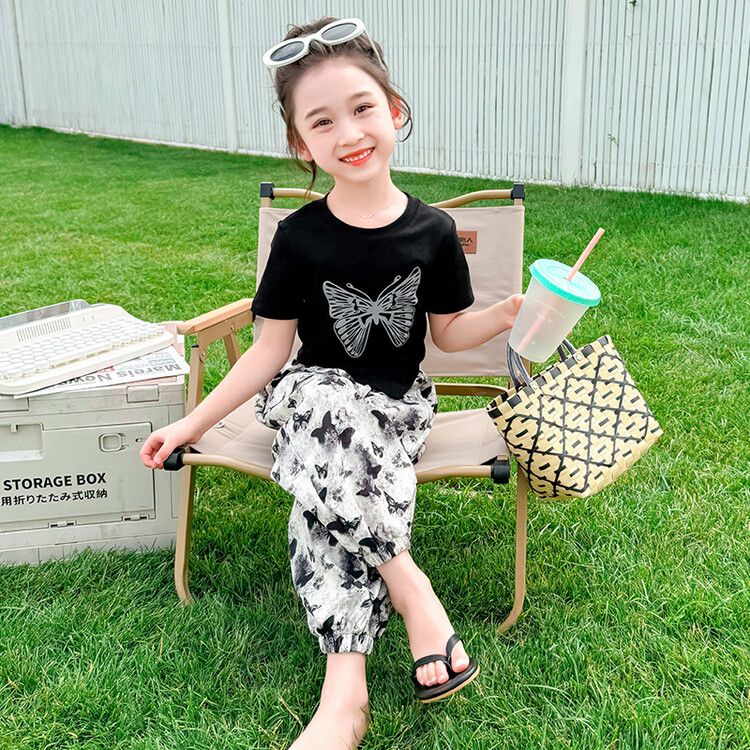 Girls' Butterfly Print Summer Outfit - Short Sleeve Top and Wide-Leg Pants Set - Trendy and Comfortable Casual Wear