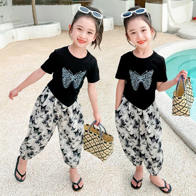 Girls' Butterfly Print Summer Outfit - Short Sleeve Top and Wide-Leg Pants Set - Trendy and Comfortable Casual Wear