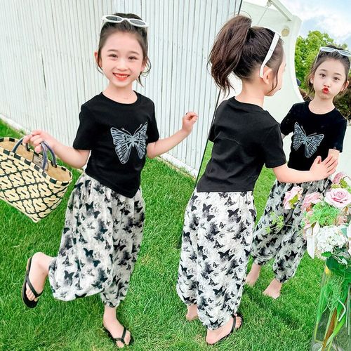 Girls' Butterfly Print Summer Outfit - Short Sleeve Top and Wide-Leg Pants Set - Trendy and Comfortable Casual Wear