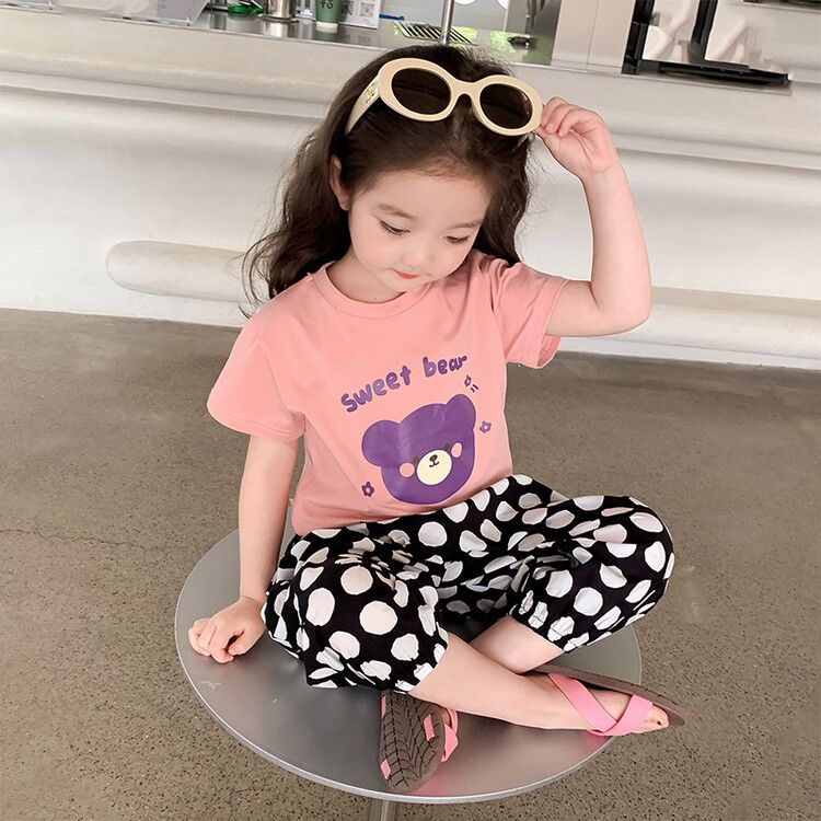 Girls' Sweet Bear Print T-Shirt and Polka Dot Pants Set - Adorable Casual Summer Outfit for Kids